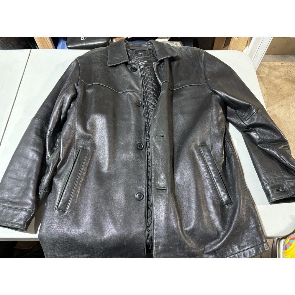 Claiborne Outerwear Mens Black Leather Long Sleeve Collared Button Coat Sz L
